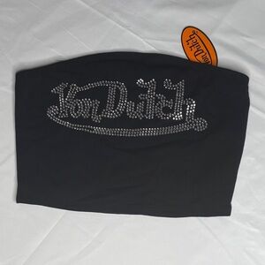 NWT Von Dutch Black Rhinestone Logo Strapless Top